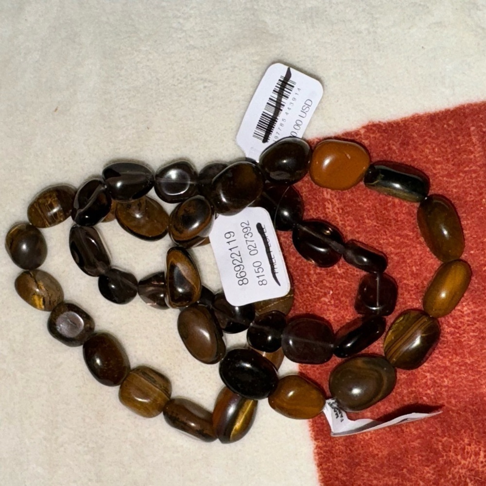 Free People Black Clear Brown Earthy Boho Stretch Stone Bracelet Set of 3 - Picture 2 of 2